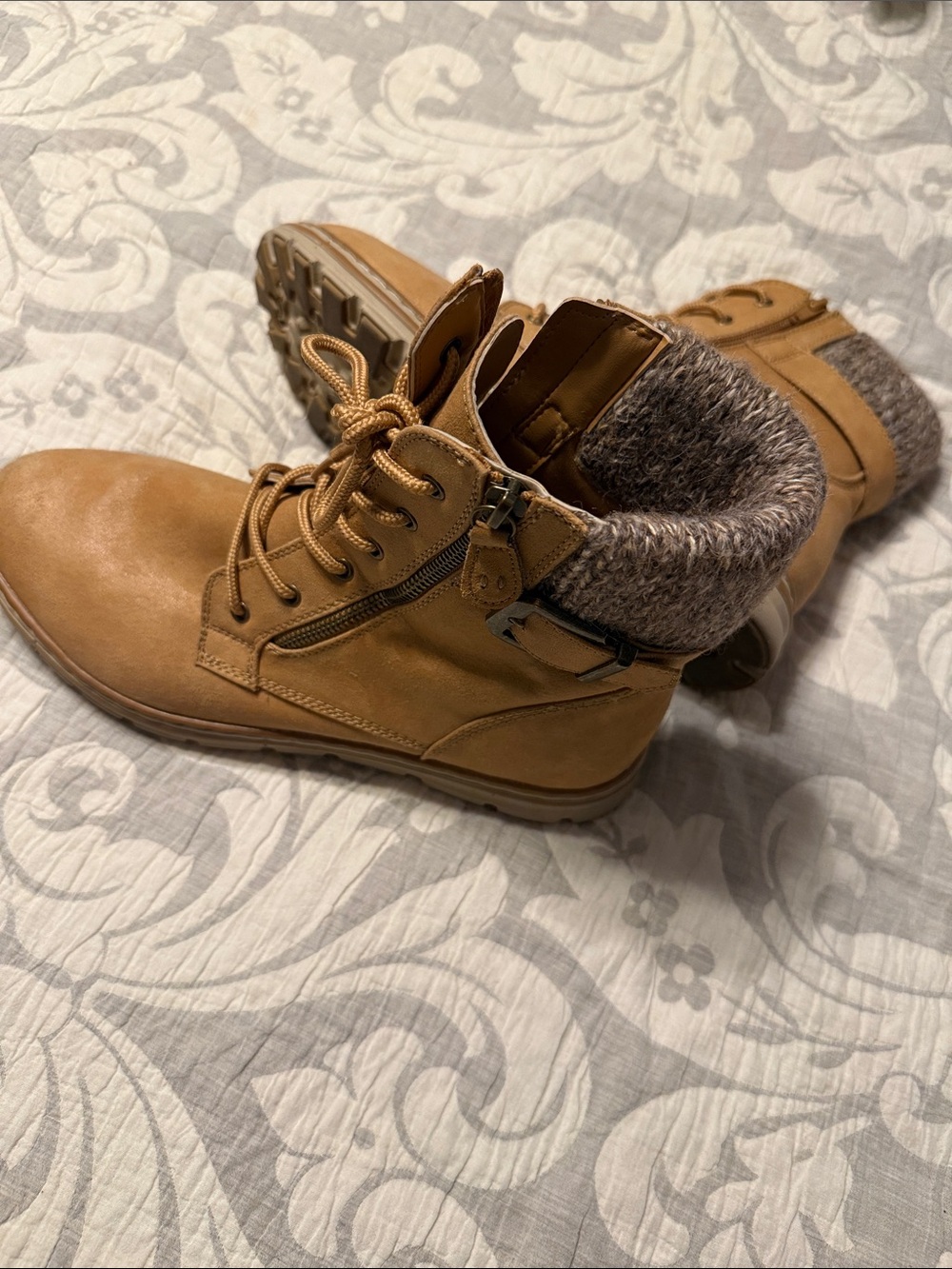 Cliffs by WHITE MOUNTAIN Tan Lace-Up Knit-Cuff Ankle Boots